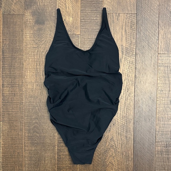 PinkBlush Black Scoop Front Low Back Ruched One-Piece Maternity Swimsuit - Picture 2 of 10